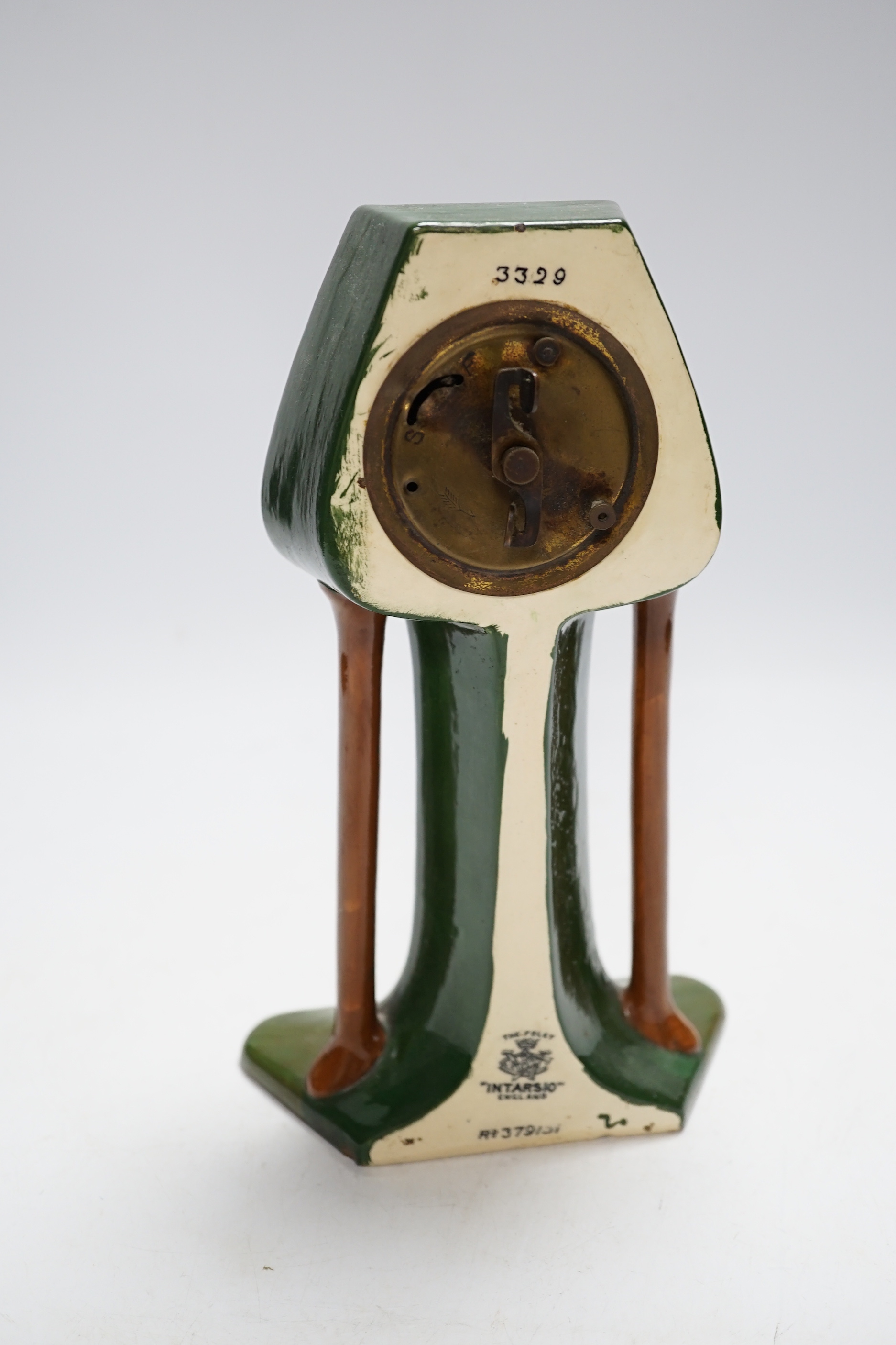 A late 19th/early 20th century Foley ‘Intarsio’ timepiece, number 3329, designed by Frederick Rhead, 24cm